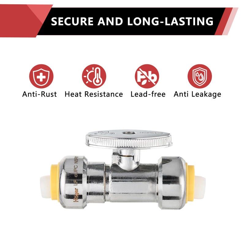 EFIELD (Pack of 2) EFIELD Push Fit 1/4 Turn Straight Stop Valve Water Shut Off 1/2 Inch Push x 1/2 Inch Push, Chrome with a Disconnect Clip,(PF-VALVE035-2PCS) - Image 5